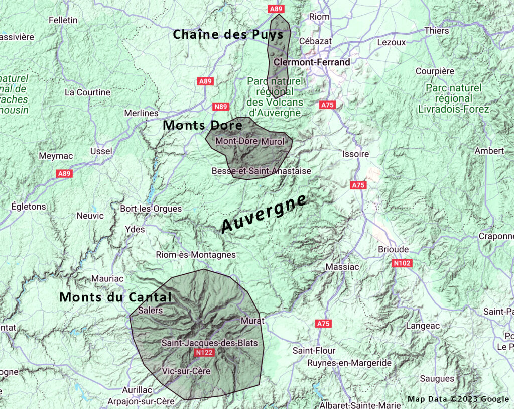 kort over Auvergnes vulkanområder