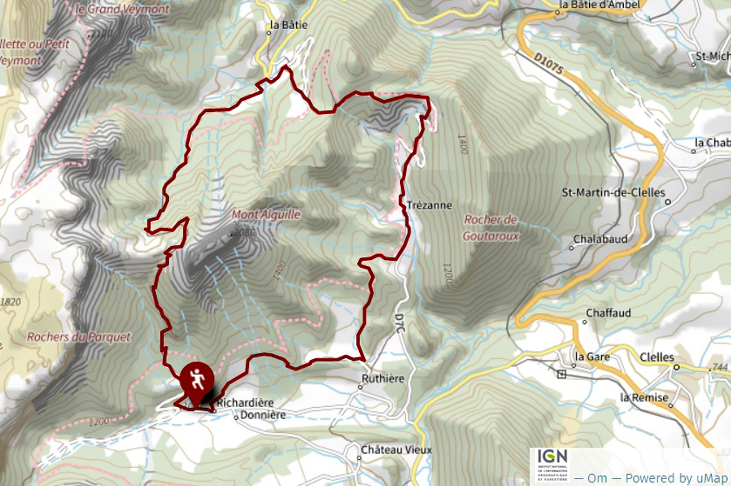 kort over vandreturen: Rundt om Mont Aiguille